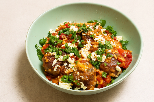 Bowl of lamb rissole orzo bake