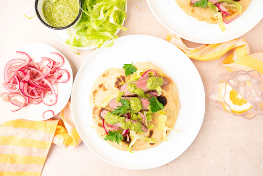 flat iron steak with chimichurri on flatbread
