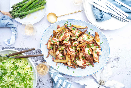 Dish of potato skins with bacon bits