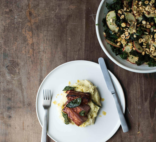 Smoked Pork Belly with Creamy Mash & Apple, Kale & Hazelnut Salad