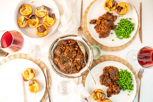 Beef Shin with Mushrooms and Red Onion Yorkshire Puddings